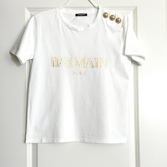Women's BALMAIN White Gold Button Trimmed Logo Short Sleeve Tee